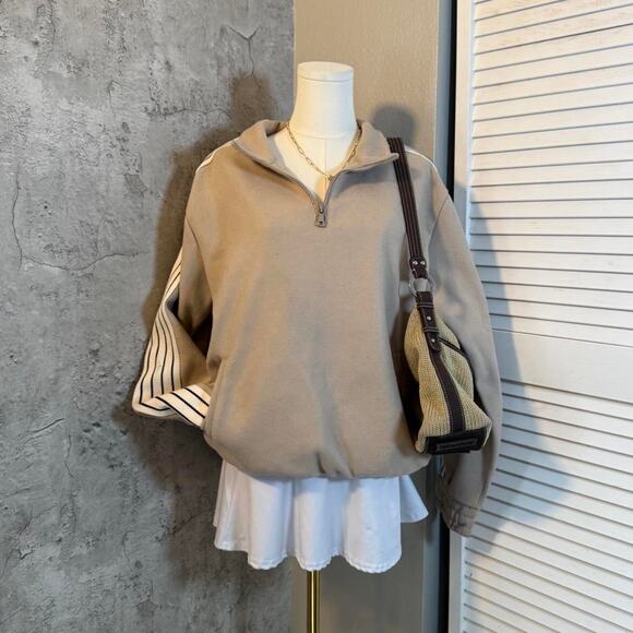 Tan & Cream Pinstripe Quarter Zip Crewneck - Picture 4 of 6